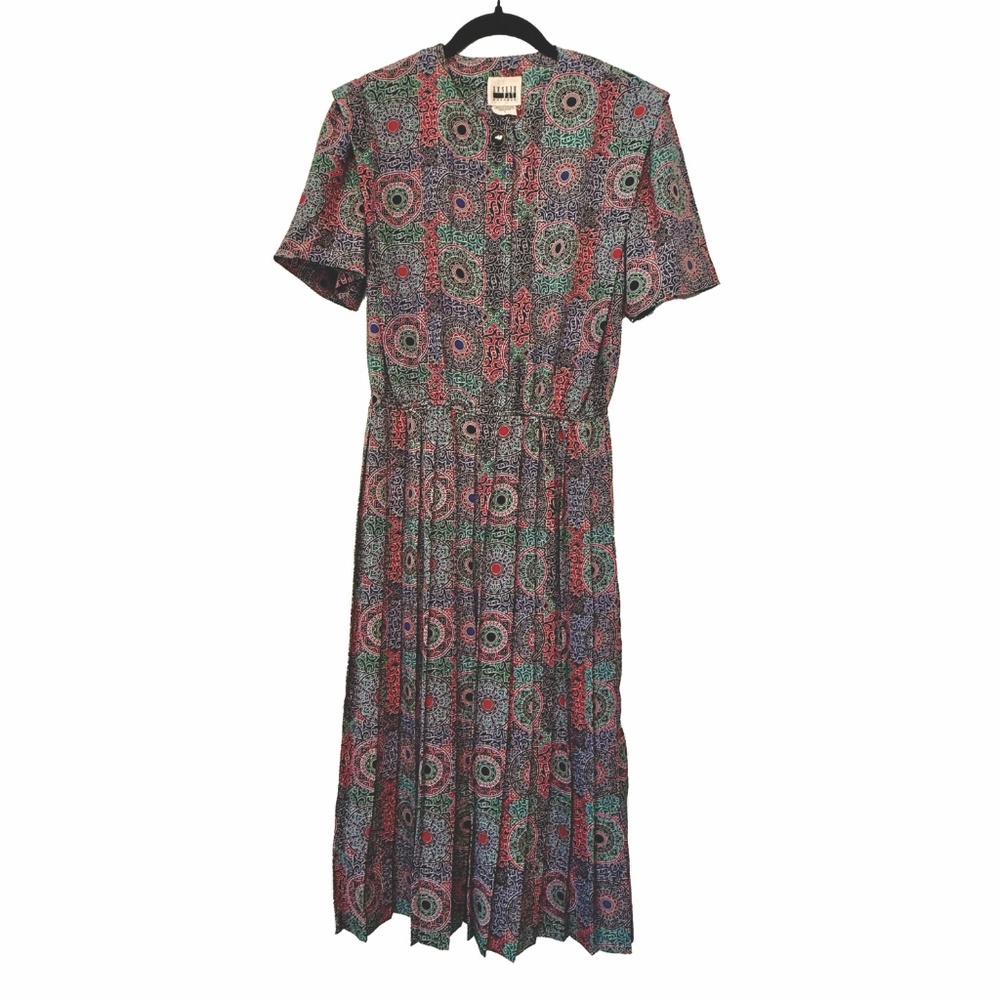 Vintage Leslie Fay Medallion Print Dress 80s 90s Geometric Midi Size 8